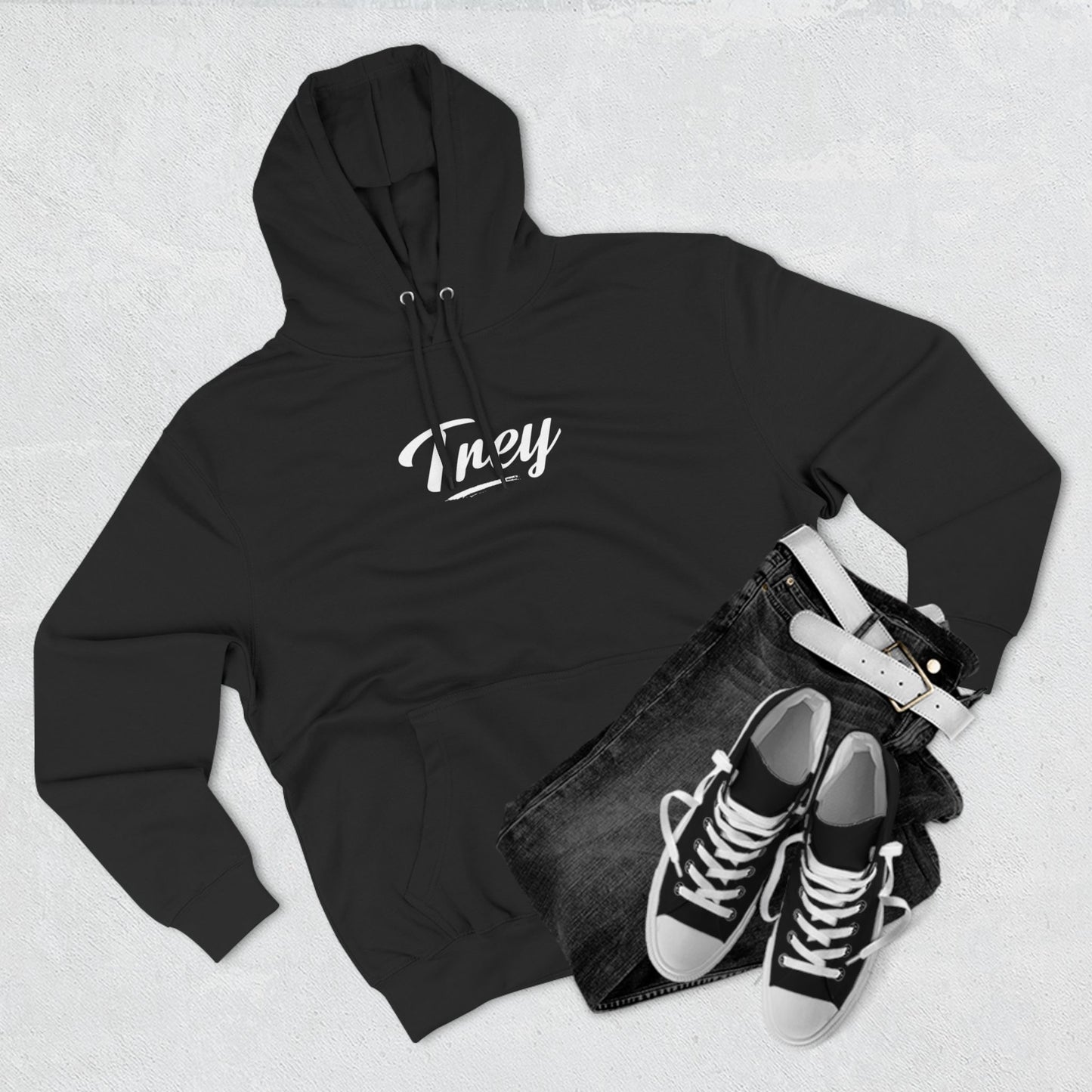 Trey Hoodie OG with mid-chest DTG print, adjustable hood, and roomy kangaroo pocket, offering comfort and style - Trey Clothing
