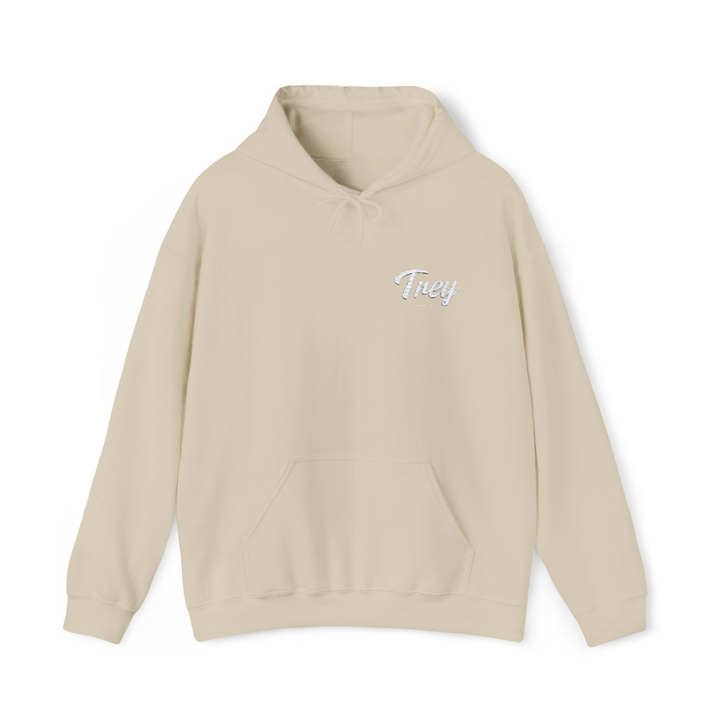 Trey's Hoodie made from 50% cotton and 50% polyester for a soft, durable feel, with a spacious pouch pocket, adjustable hood, and embroidered left chest design