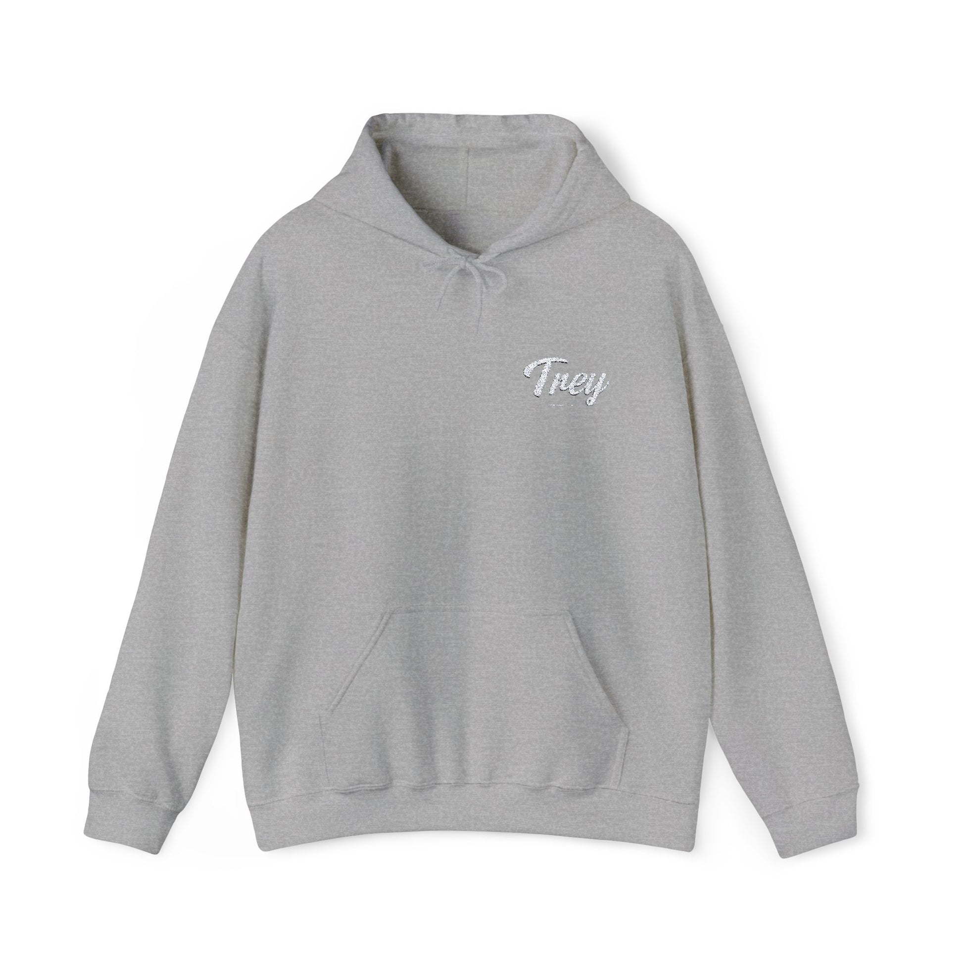 Versatile Trey’s Hoodie featuring a cozy kangaroo pouch pocket, adjustable hood, and smooth 50% cotton, 50% polyester fabric for comfort and durability.