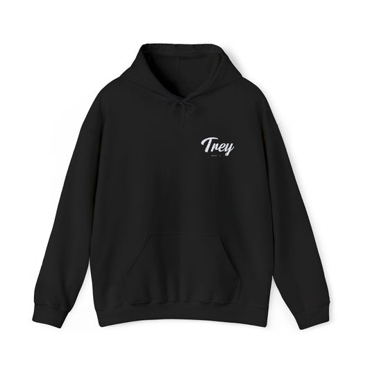 Trey's Hoodie with a spacious kangaroo pouch pocket, adjustable drawstring hood, and embroidery on the left chest. Made from a 50% cotton, 50% polyester blend